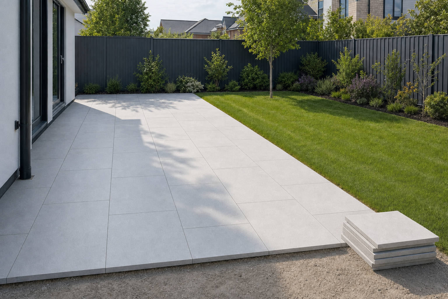 Modern garden with a spacious patio, neatly laid grey tiles, and a well-kept lawn surrounded by a dark fence.