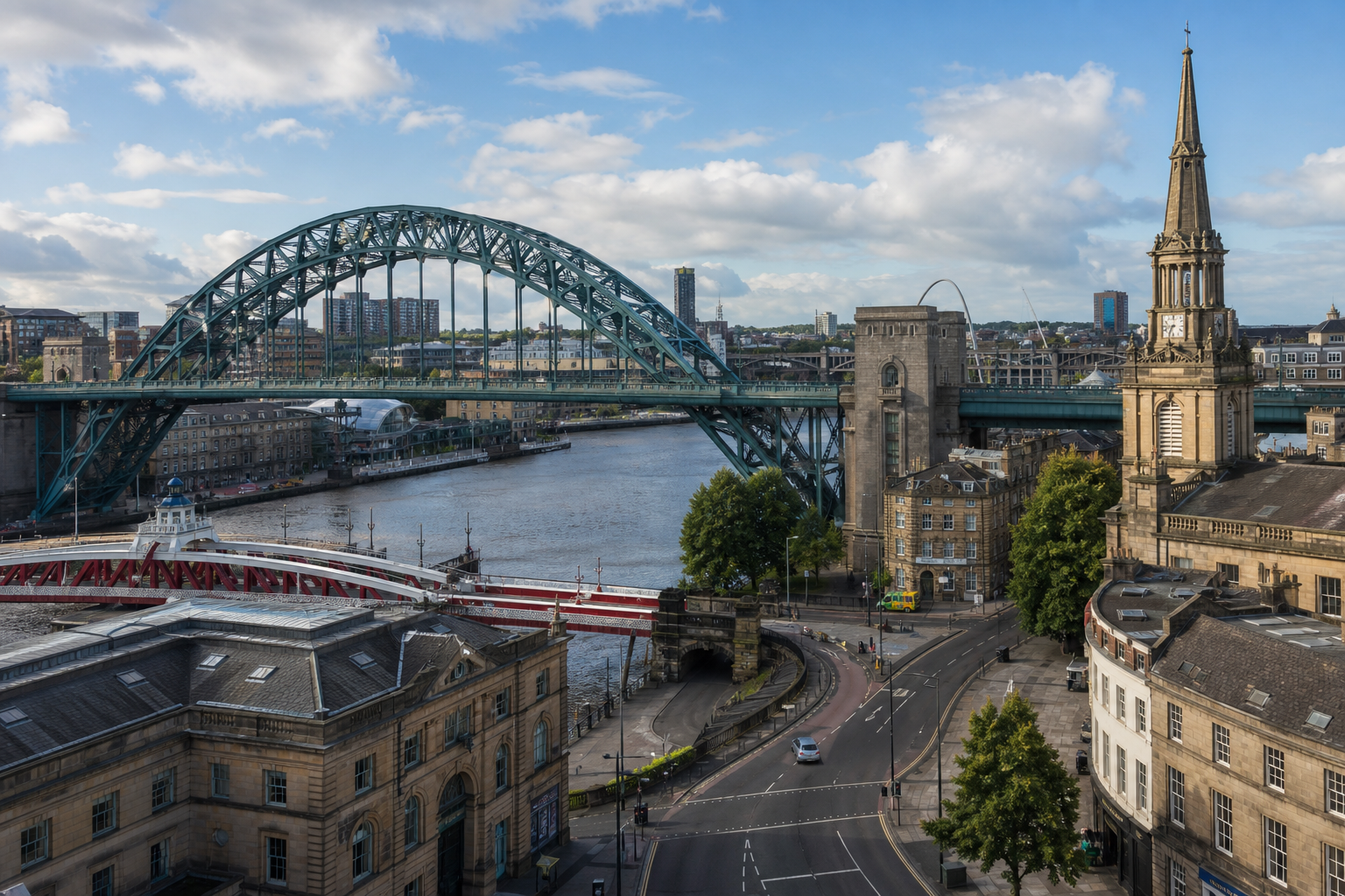The River Tyne with bridges and historic architecture under a partly cloudy blue sky.