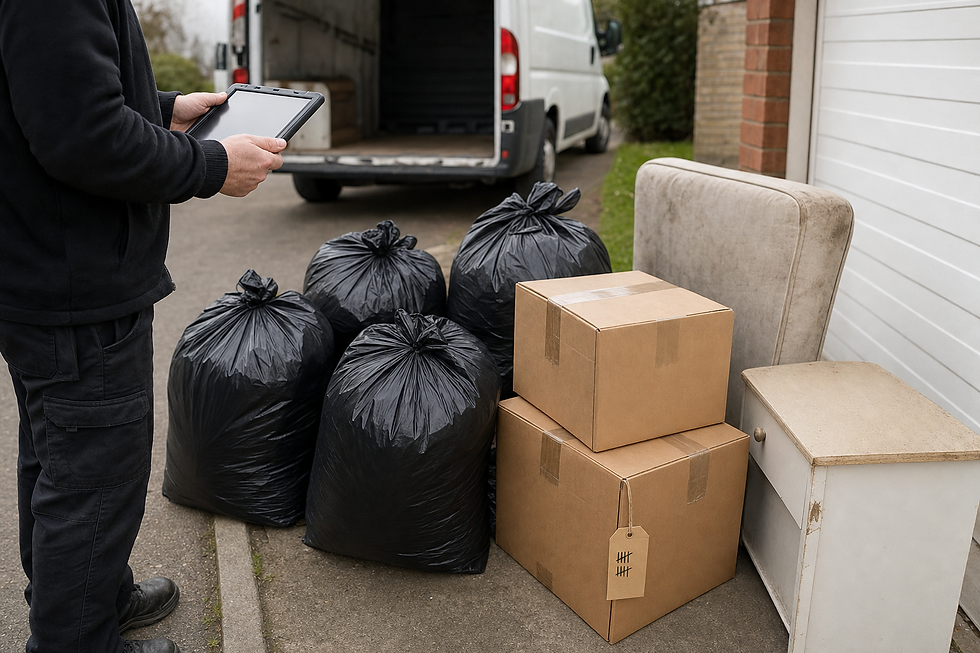 Man using a tablet next to rubbish bags, boxes, and furniture by the open back of a van.