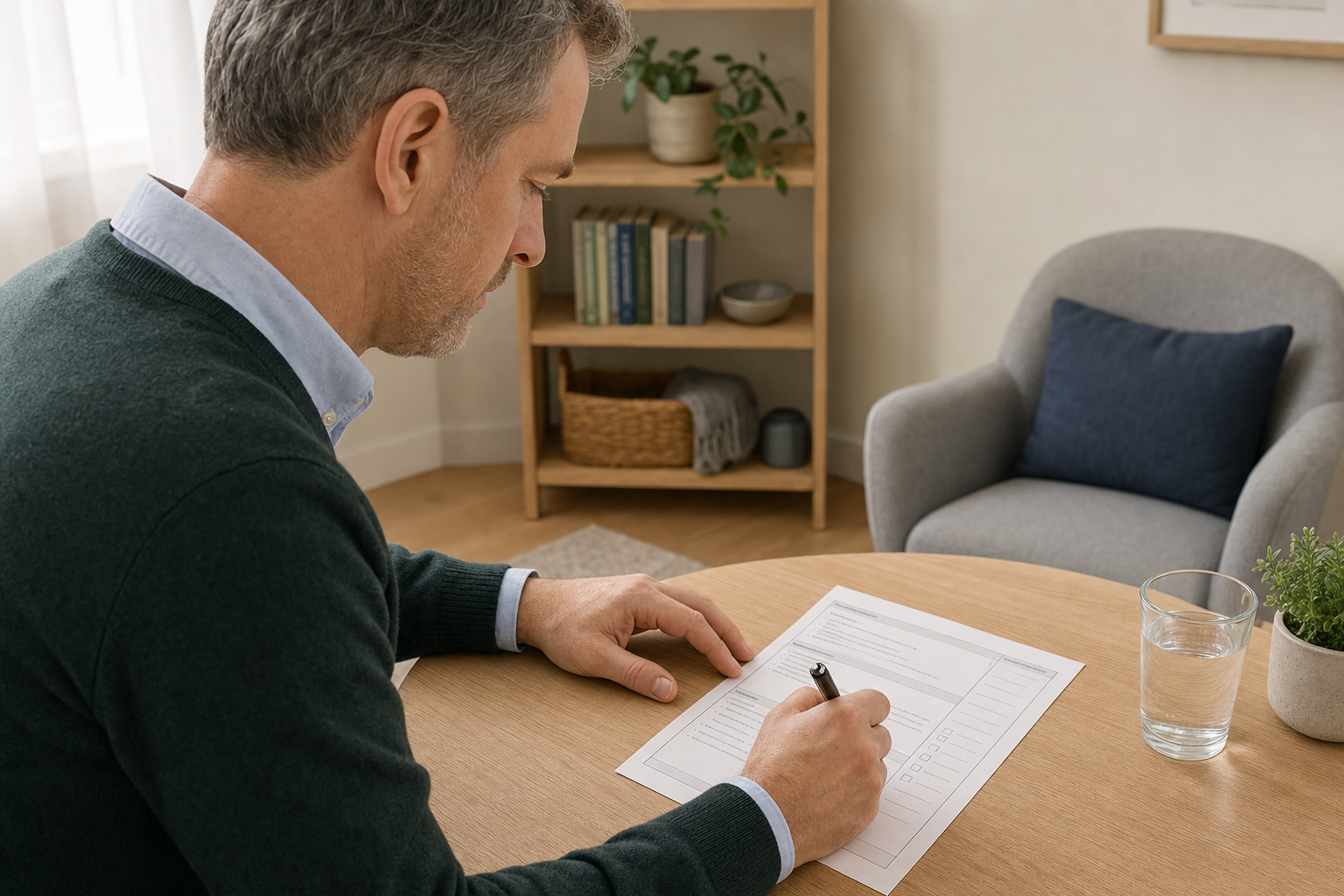Man writing on a form at a round wooden table in a cosy room with a chair and bookshelf in the background.
