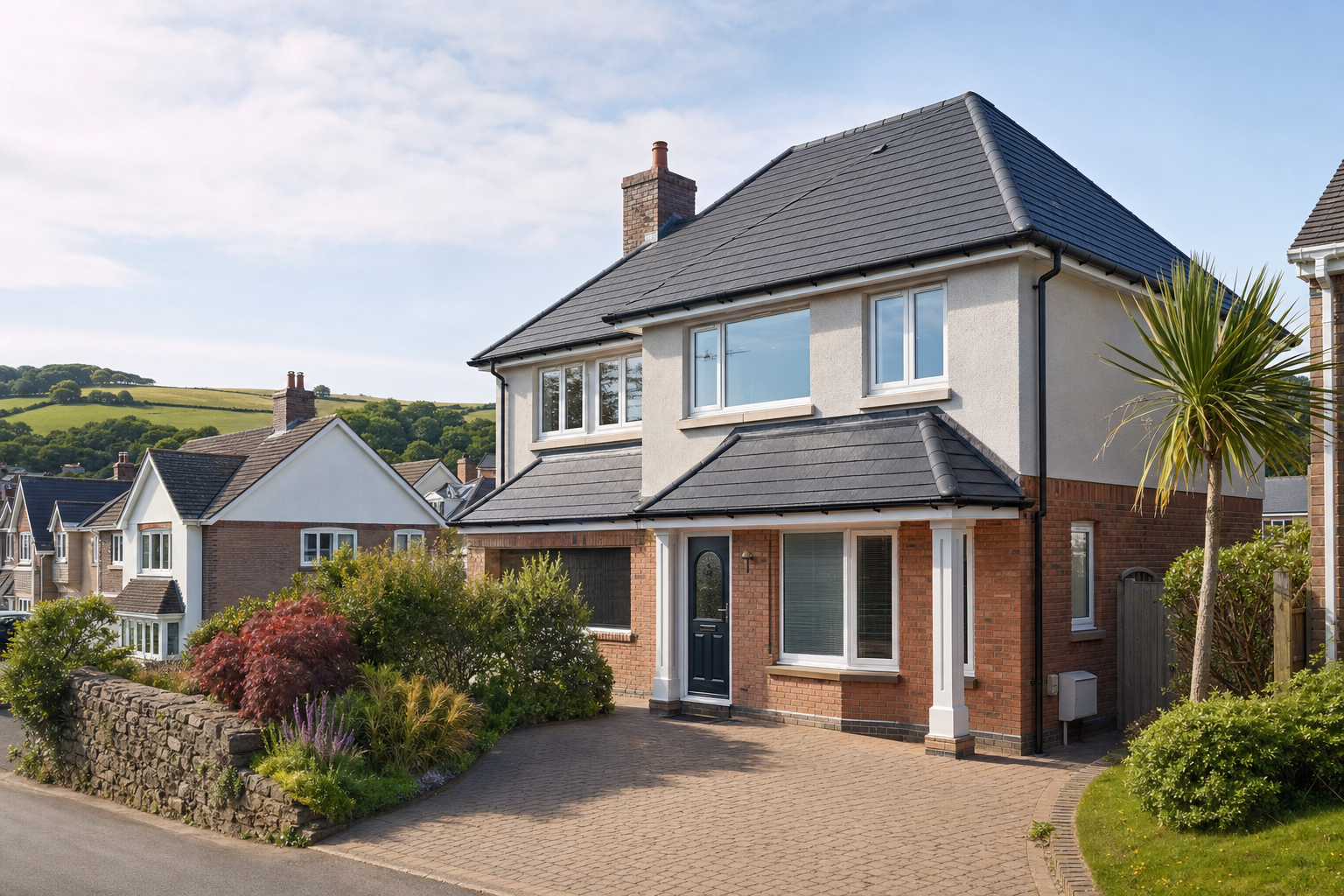 Modern two-storey house with red brick facade and slate roof, set in a suburban neighbourhood with scenic hill views.