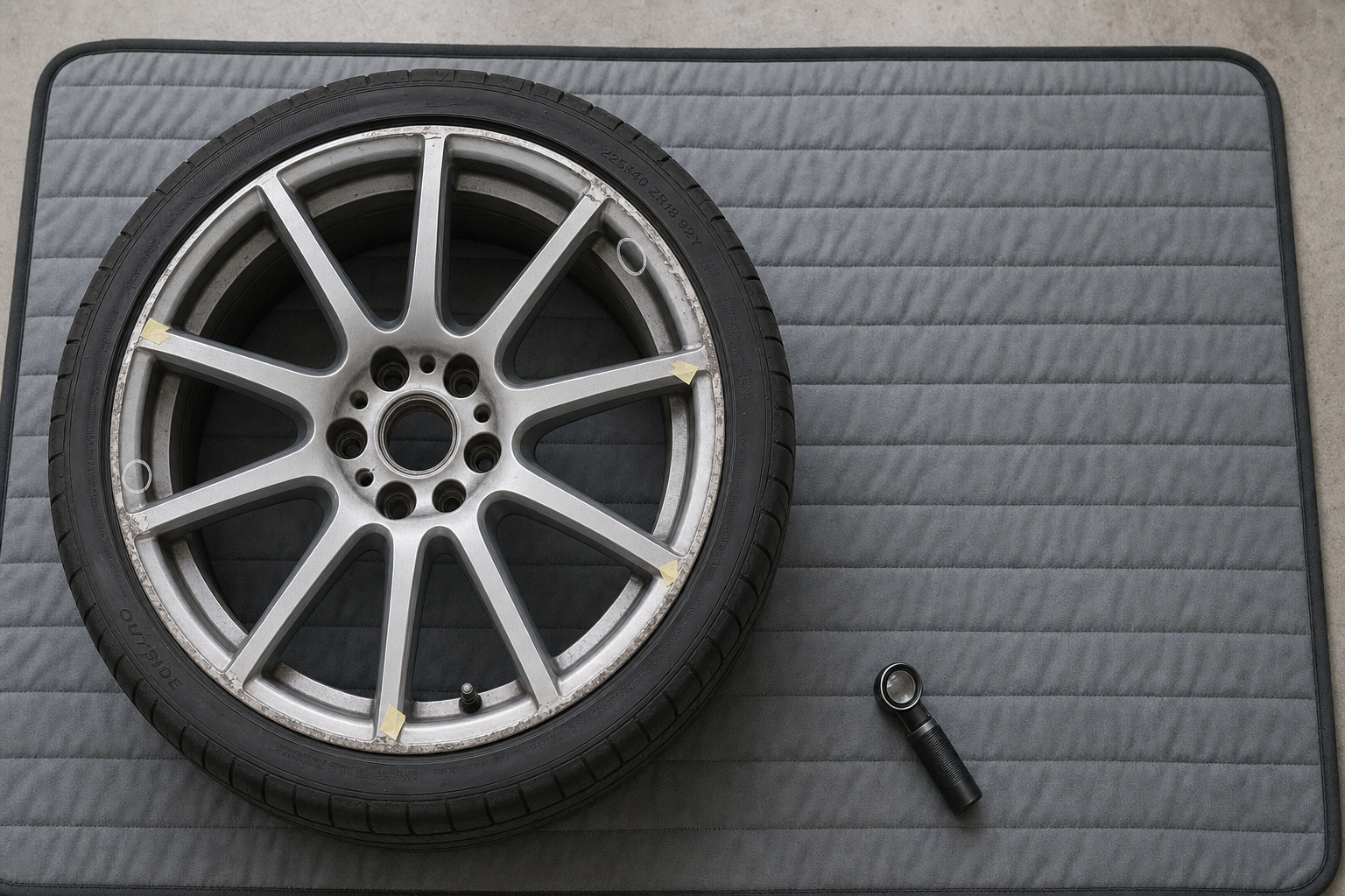 Car wheel and tyre placed on a grey mat with a small flashlight nearby.