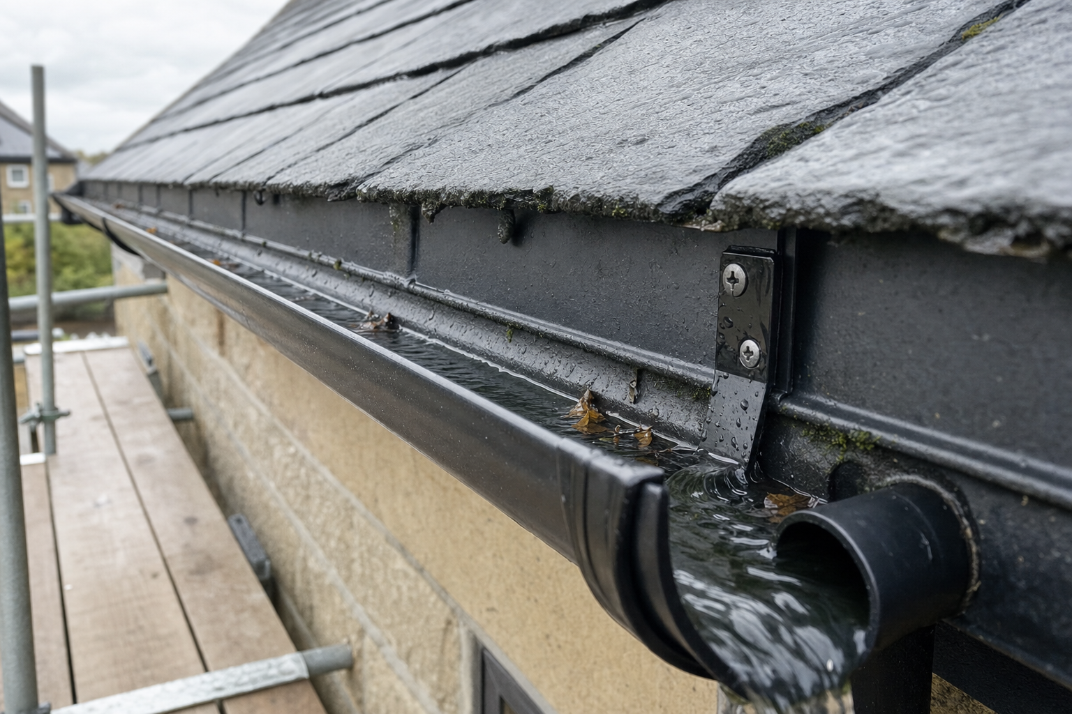 Rainwater flowing through a black gutter on a slate-roofed building, with scaffolding visible.