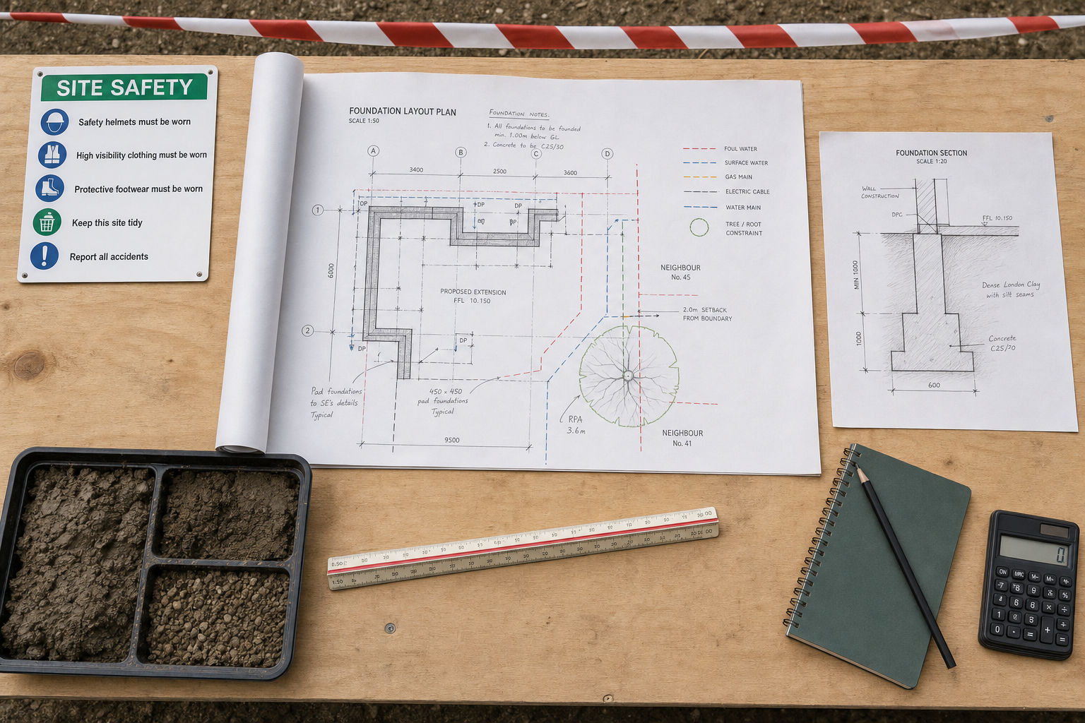 Engineering plans and site safety sign on a wooden table with soil samples, calculator, notebook, and scale ruler.