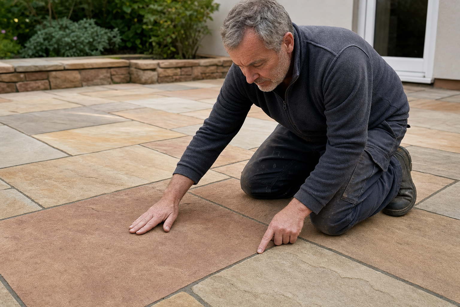 A man kneels on a patio, carefully inspecting the alignment of stone tiles.