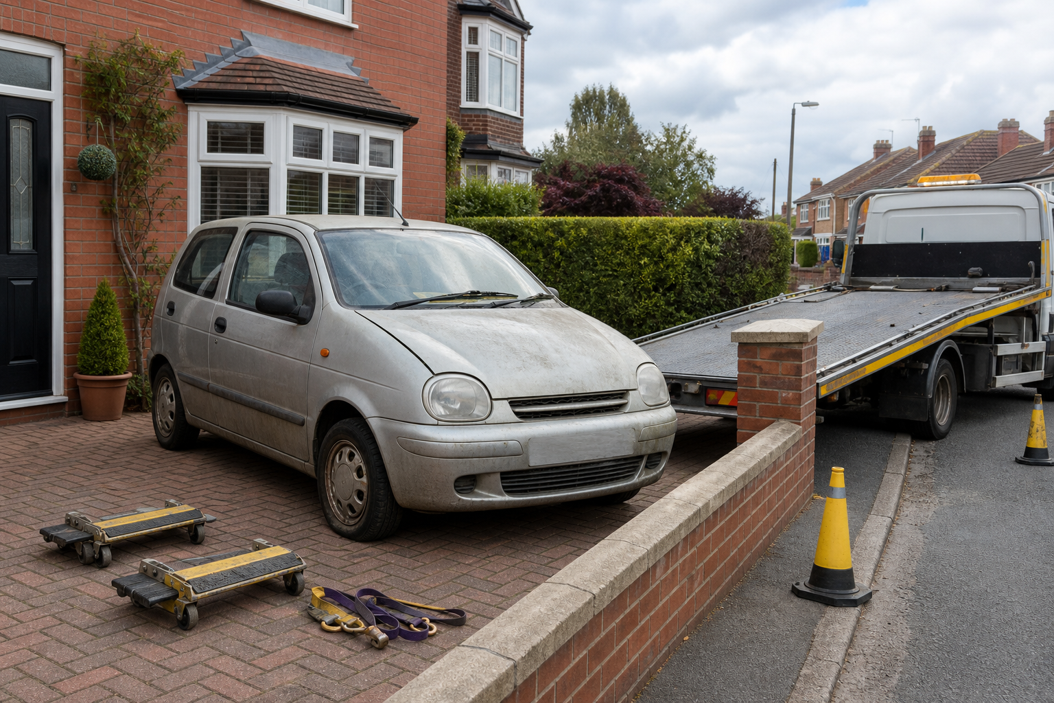 A small silver car on a driveway next to a tow truck with cones and towing equipment.