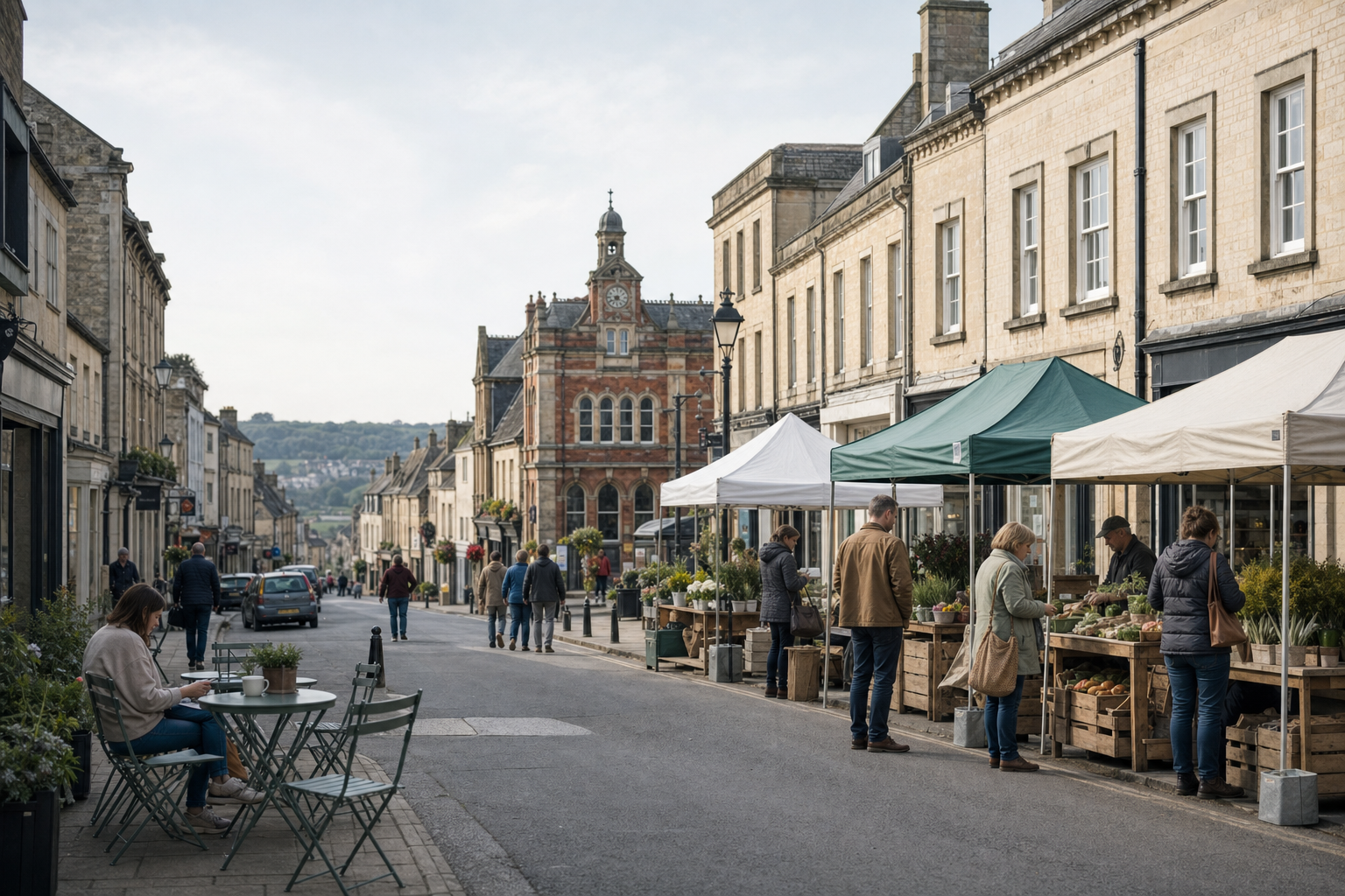 People shopping at outdoor market stalls on a quaint street lined with historic buildings.