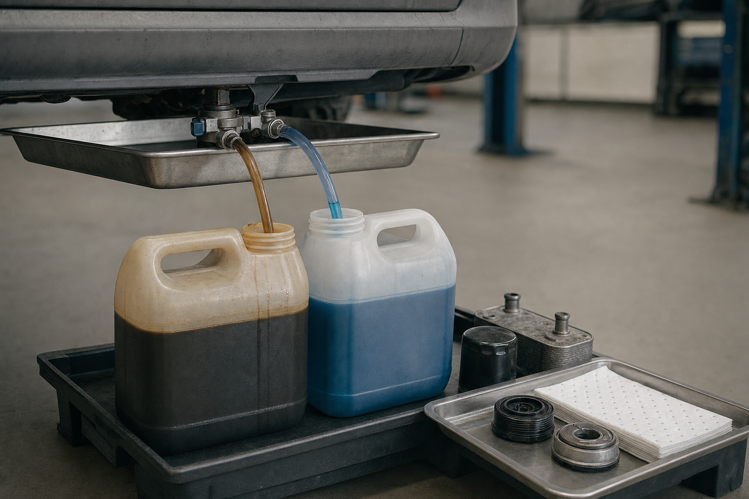 Old and new oil being drained into separate containers in a vehicle service garage.