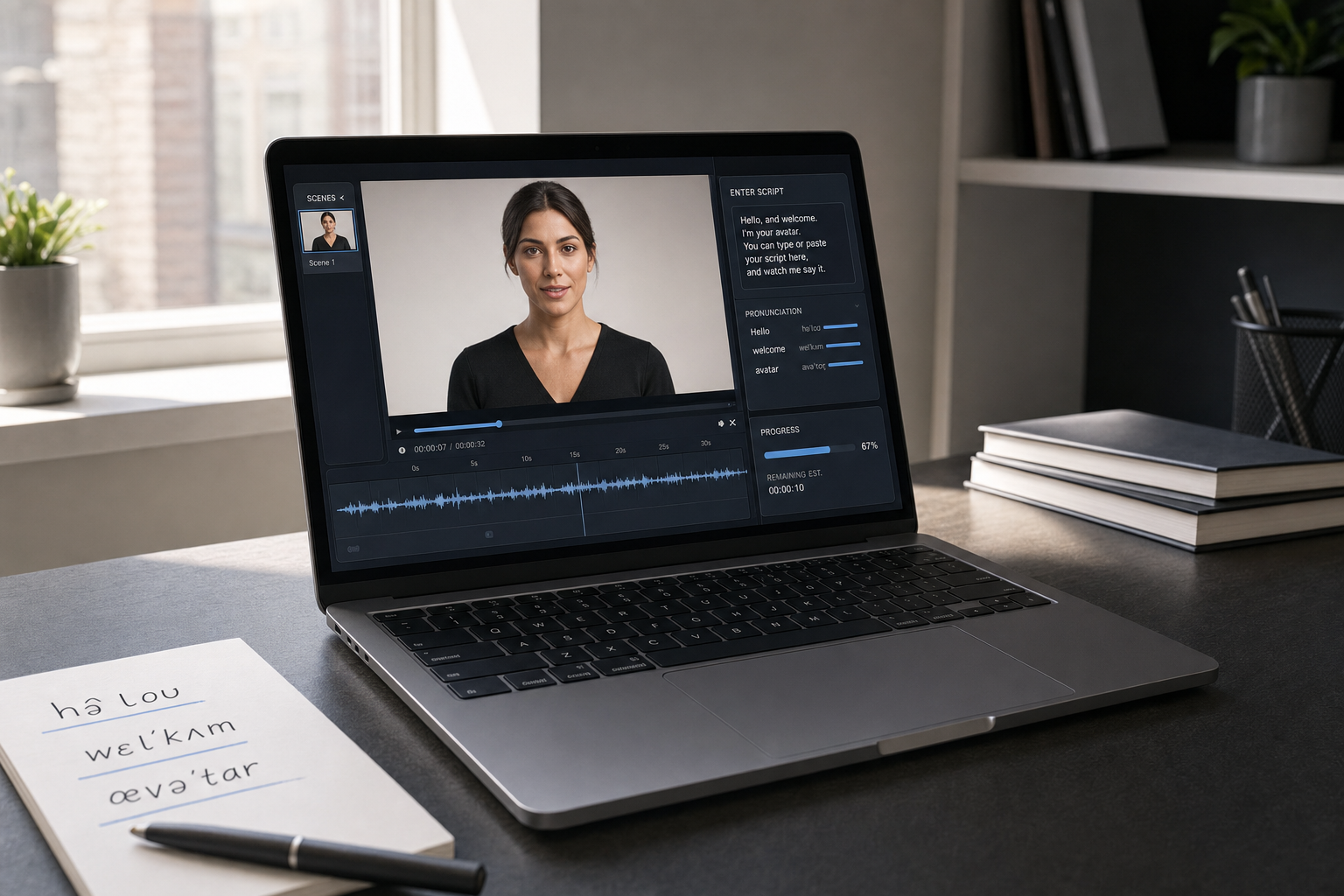 A laptop on a desk displays a video editing program featuring an avatar, with a notepad and pen nearby.