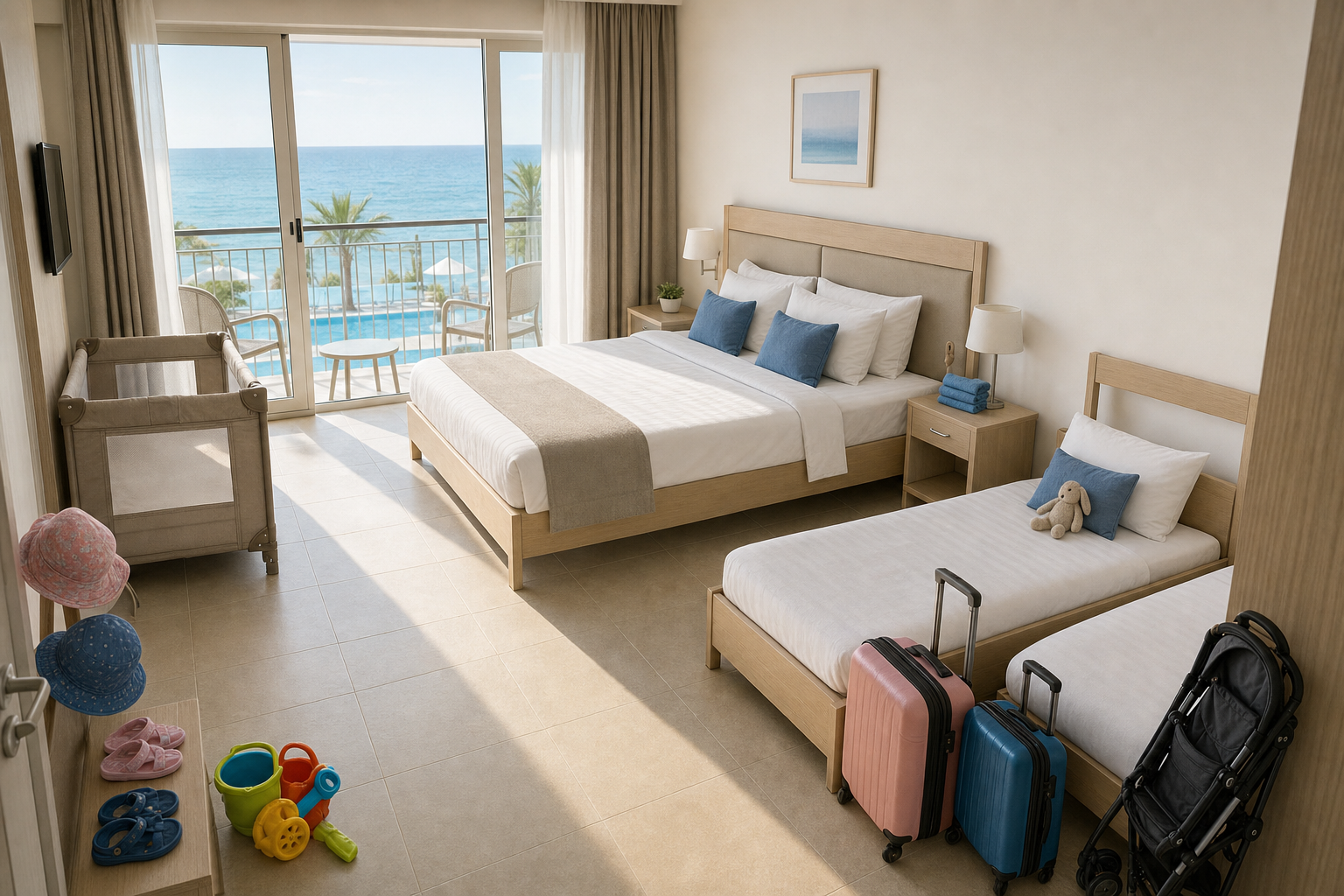 Hotel room with a sea view, featuring a double and single bed, baby cot, toys, and luggage.