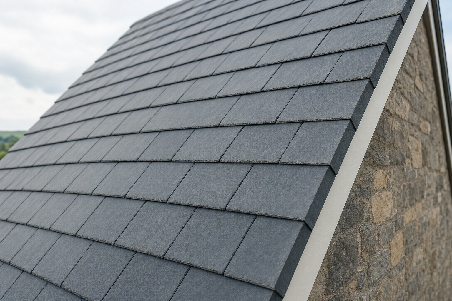 Grey slate-tiled roof of a stone building viewed at an angle against a cloudy sky.