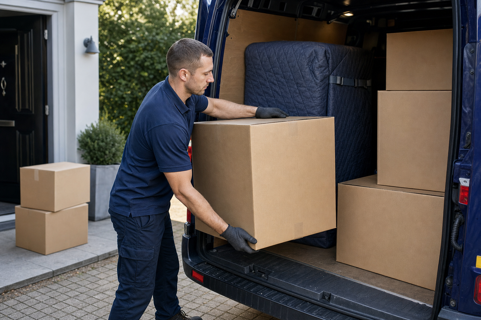 A man loads cardboard boxes into a van parked beside a house.