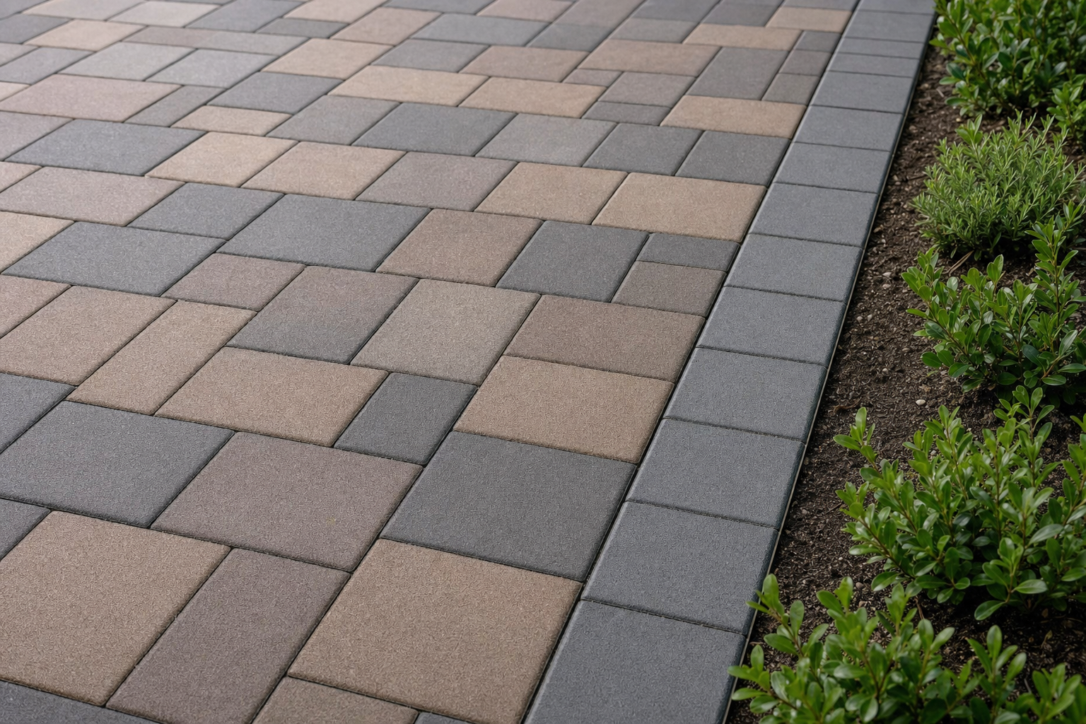 Interlocking grey and brown paving stones form a walkway bordered by green shrubs.