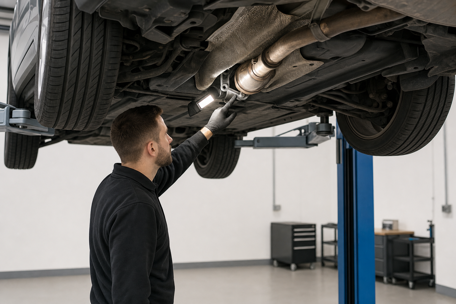 Mechanic inspects the underside of a car on a lift in a garage, using a light for visibility.