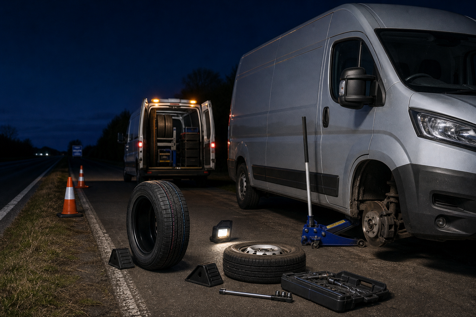 Van on roadside with tools and spare tire ready for a change at night.