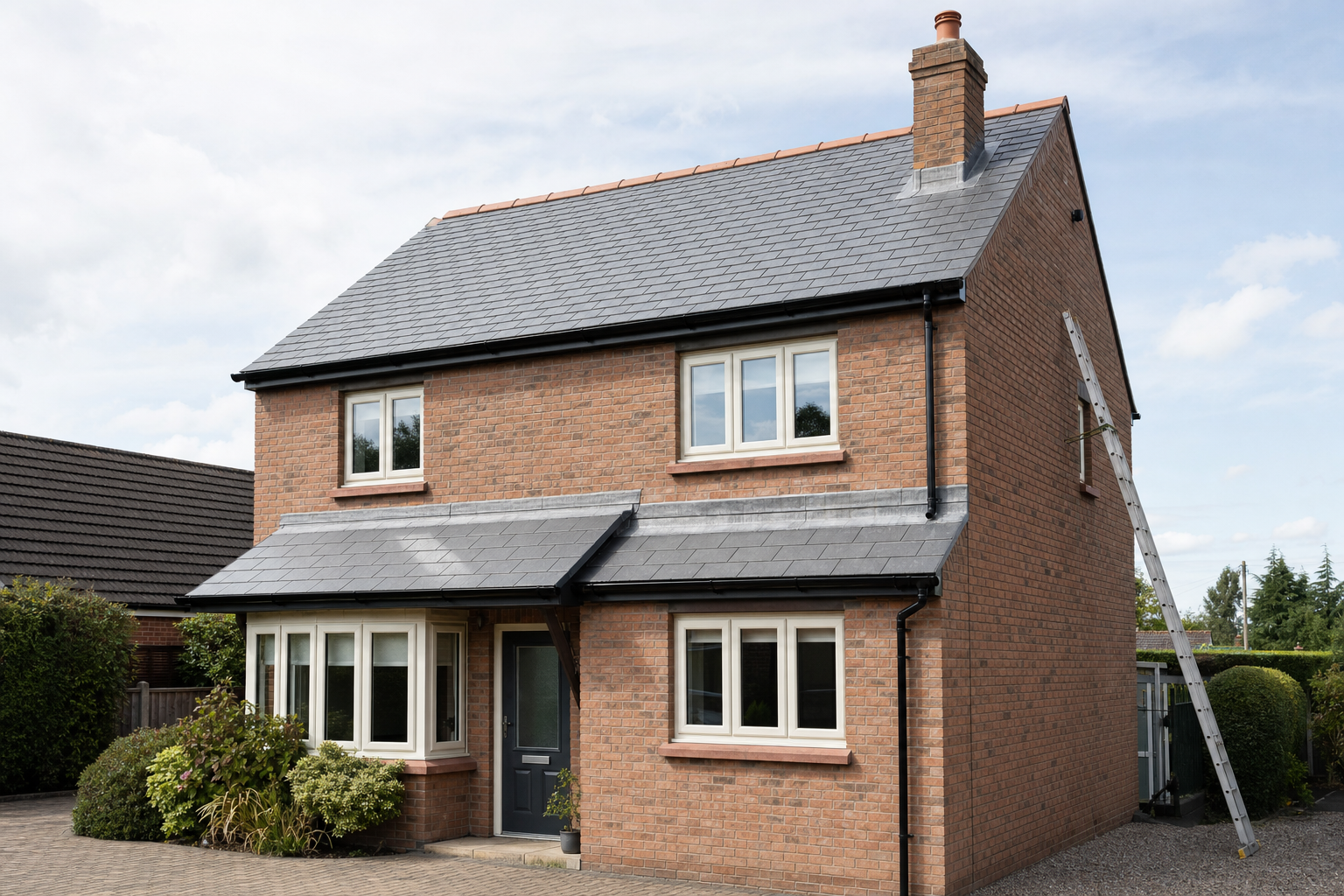 Two-storey brick house with a ladder leaning against the side and a garden in front.