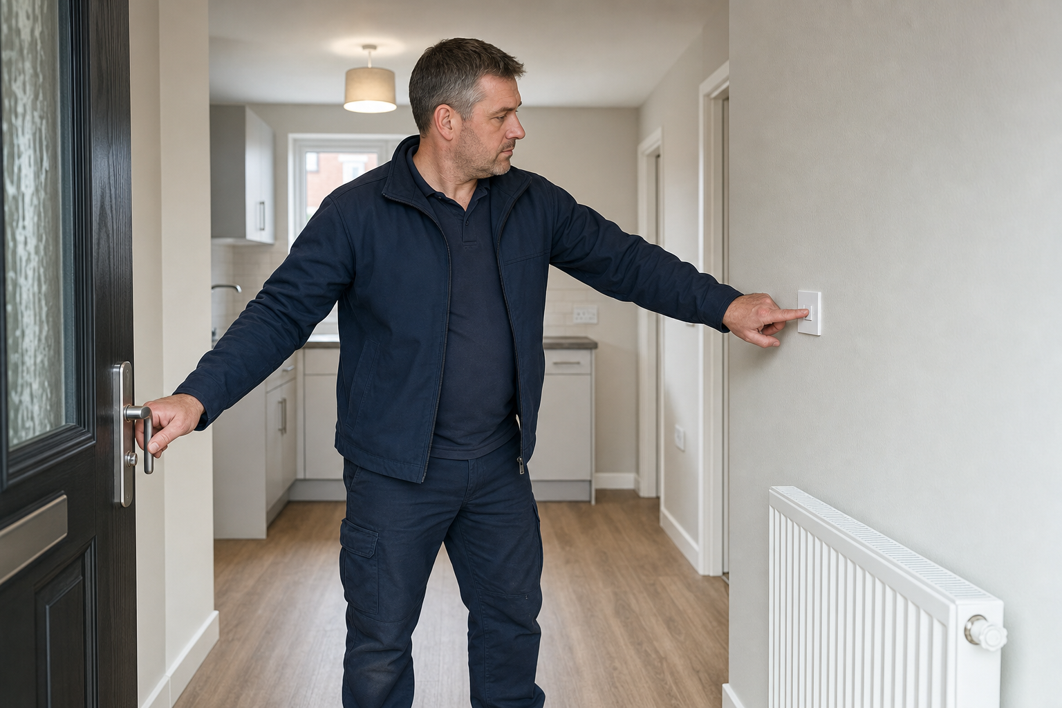 A man in a dark jacket turns on a light switch while holding a door handle in a modern kitchen setting.
