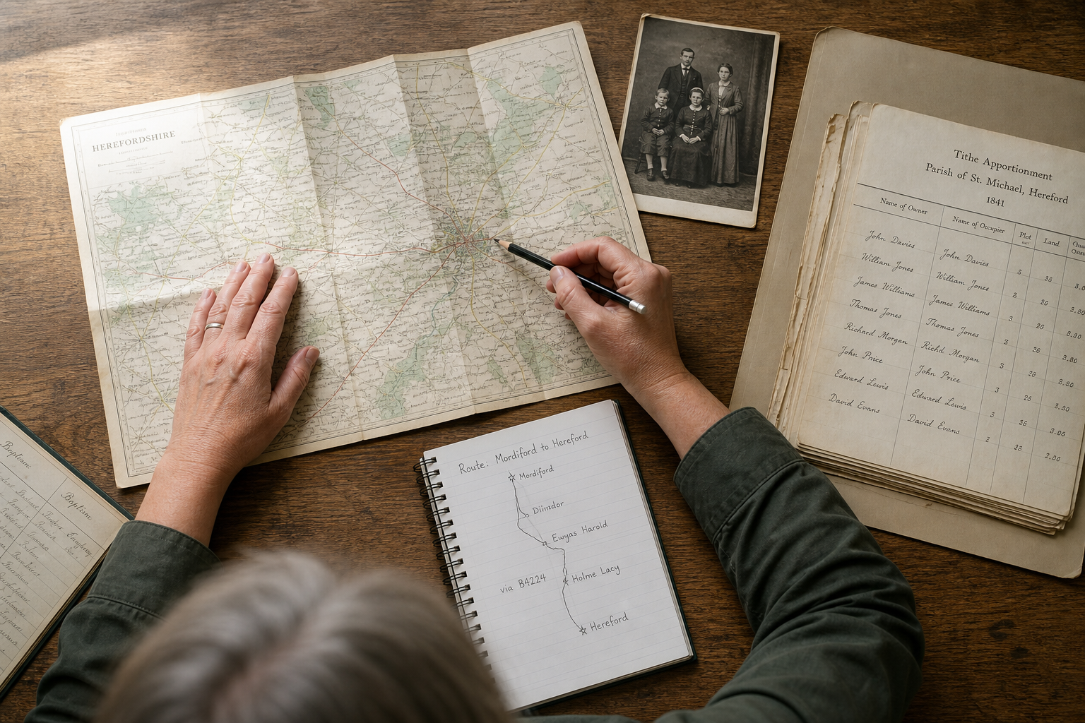 A person studies a vintage map and a handwritten notebook route, surrounded by family photo and historical documents.
