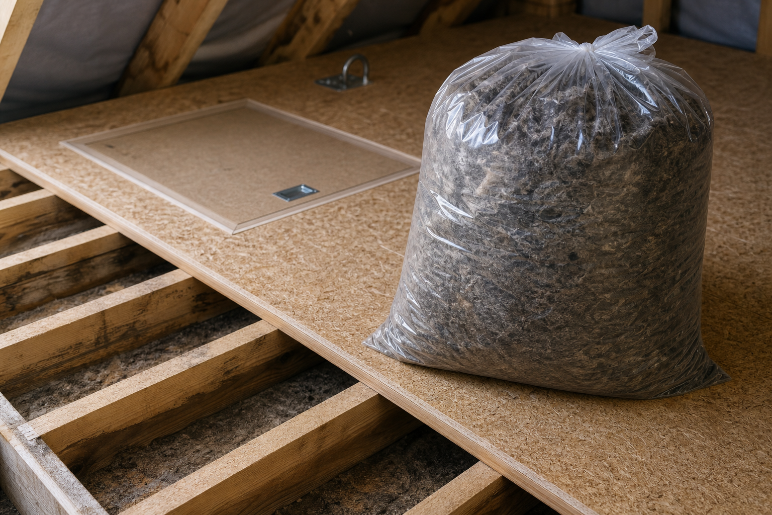 A large sack of insulation sits on a wooden floor in an unfinished attic space.