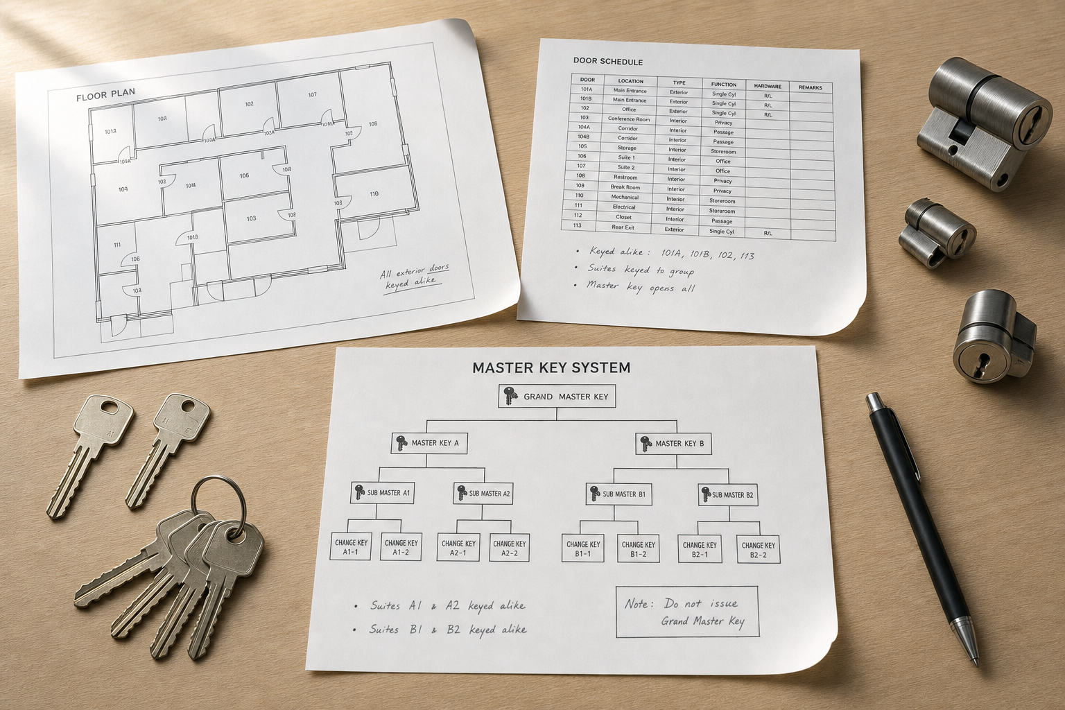 Architectural plans, master key system diagram, keys, and lock cylinders arranged on a wooden table.