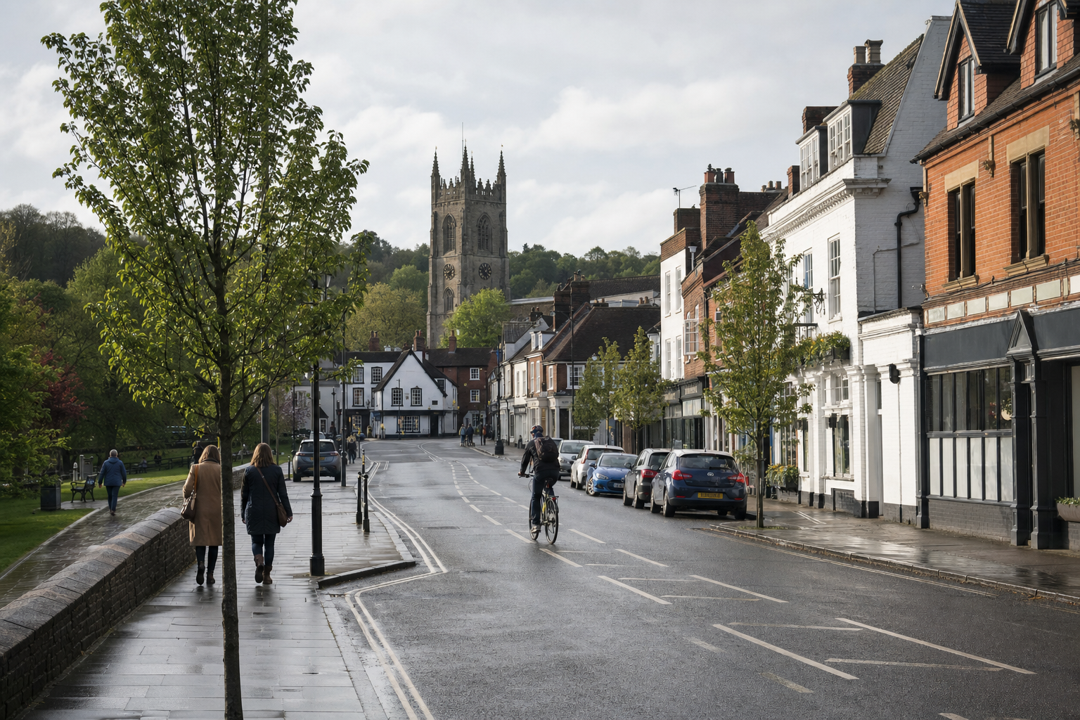 A cyclist rides down a wet street lined with autumn trees and historic buildings, with a church tower in the background.