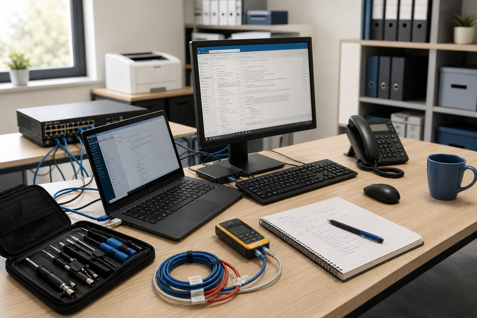 IT workstation with dual screens, network equipment, toolset, and a notebook on a desk.