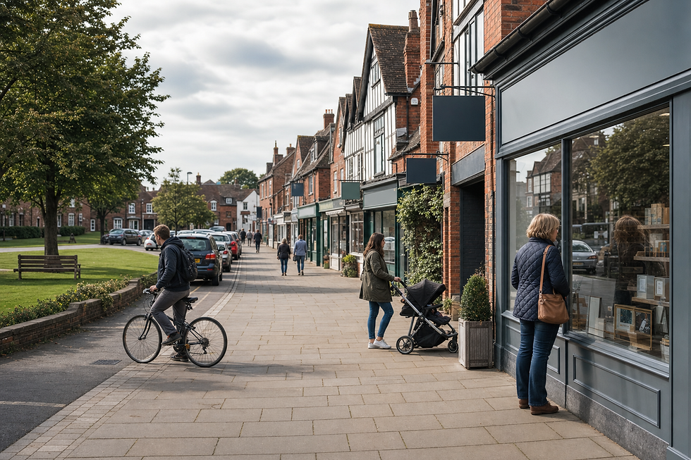 People stroll and shop along a quaint High Street with bicycles and parked cars.