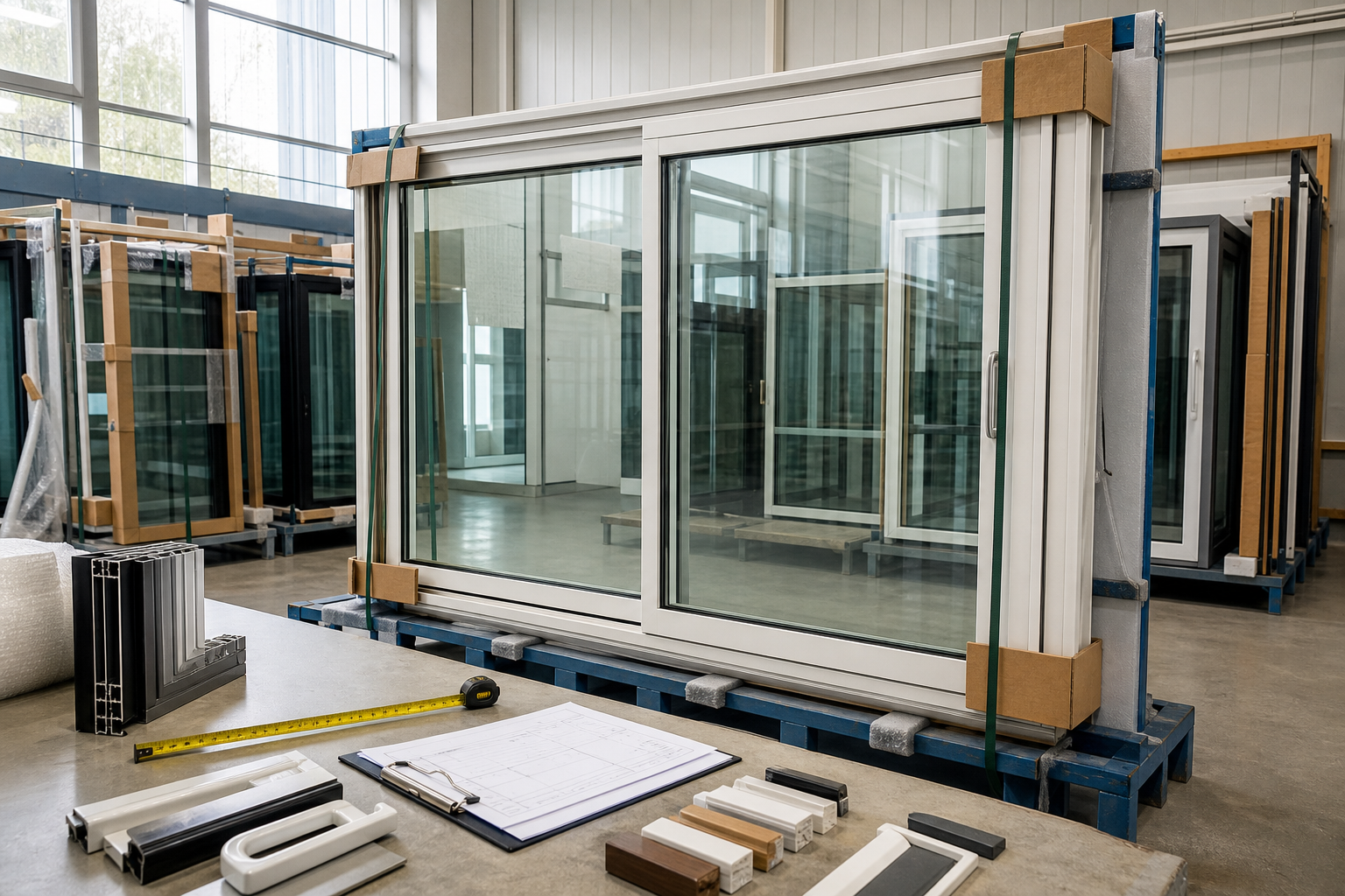 Large glass sliding doors in a factory, surrounded by samples, tools, and paperwork.