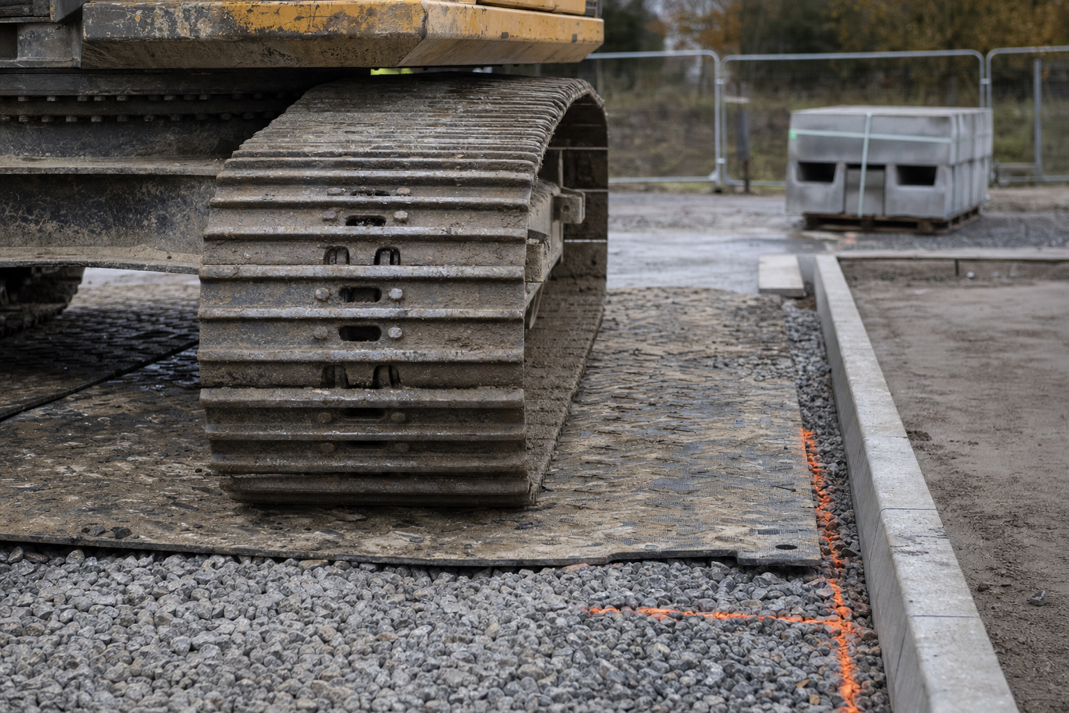 Close-up of a muddy excavator track on a gravel construction site with concrete blocks in the background.