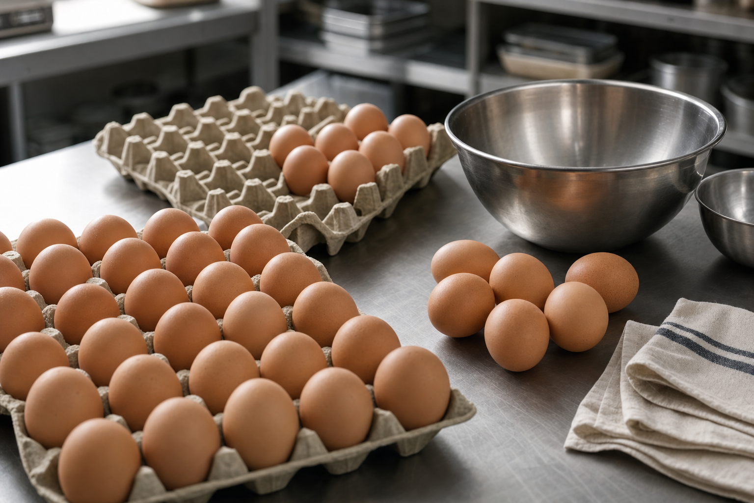 Trays of brown eggs and a large metal mixing bowl on a kitchen worktop.