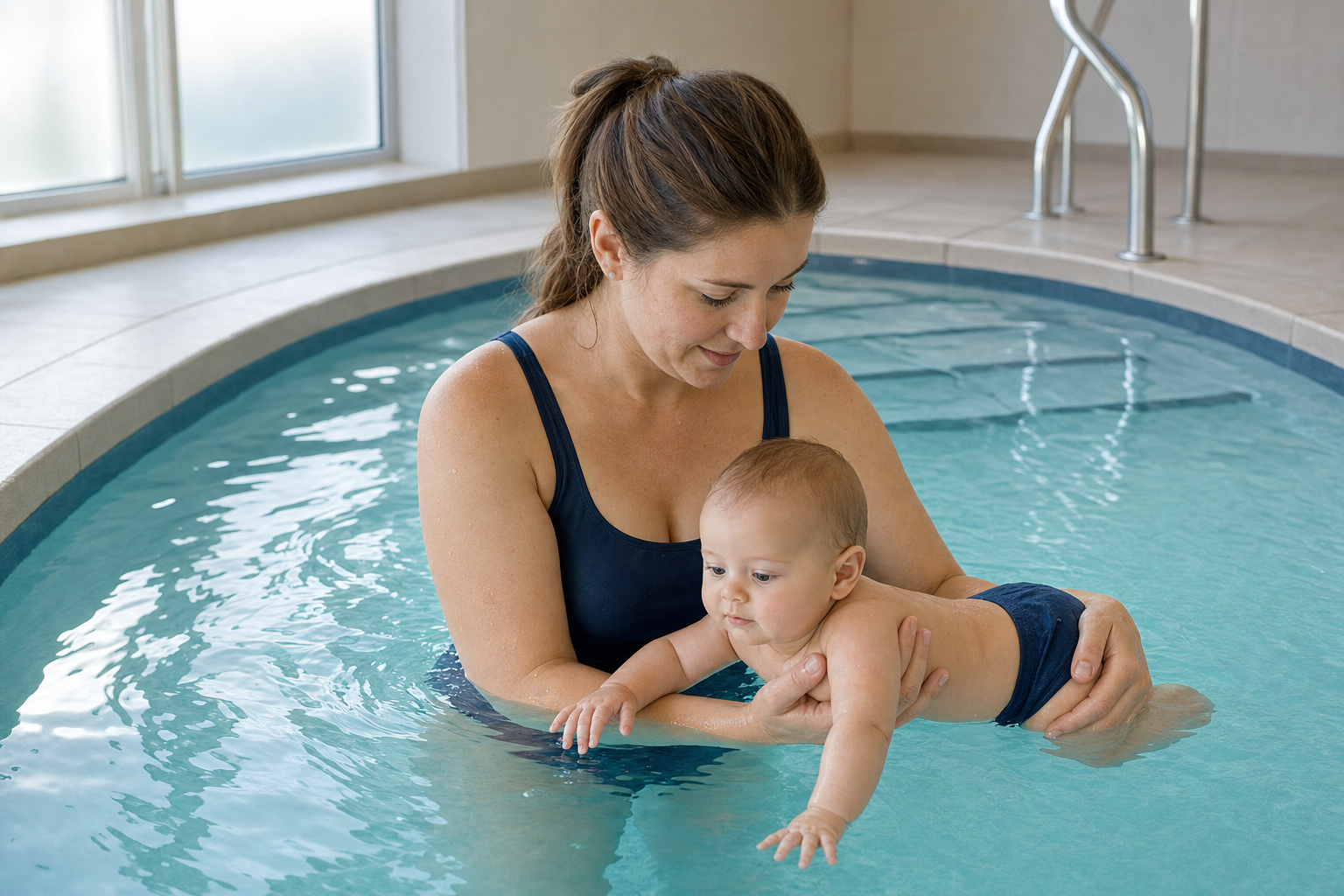 A woman holds a baby in a swimming pool, supporting them as they learn to float.