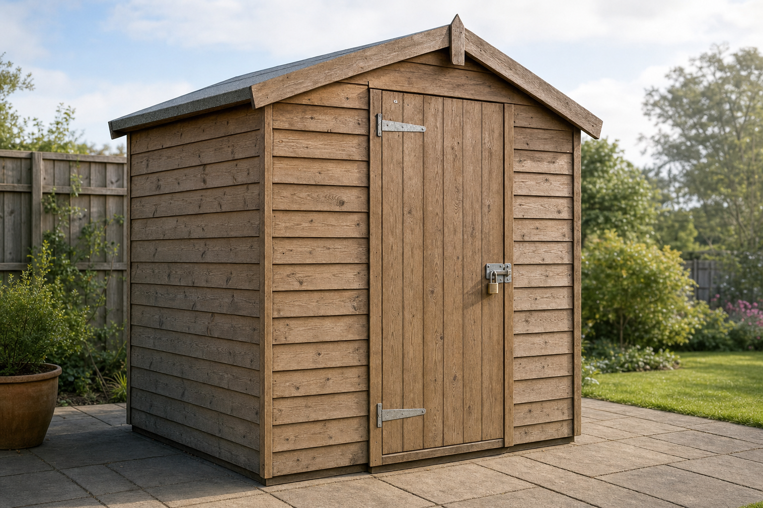A wooden garden shed with a pitched roof and secured door stands on a paved patio.