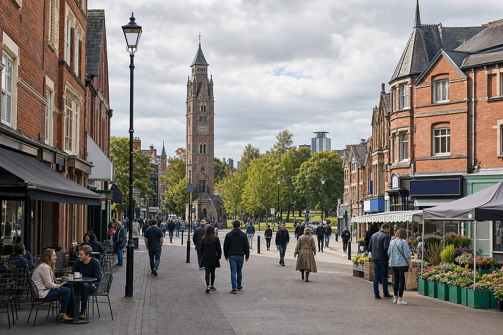 People walk along a bustling town centre street with a tall clock tower in the background and shops lining the road.