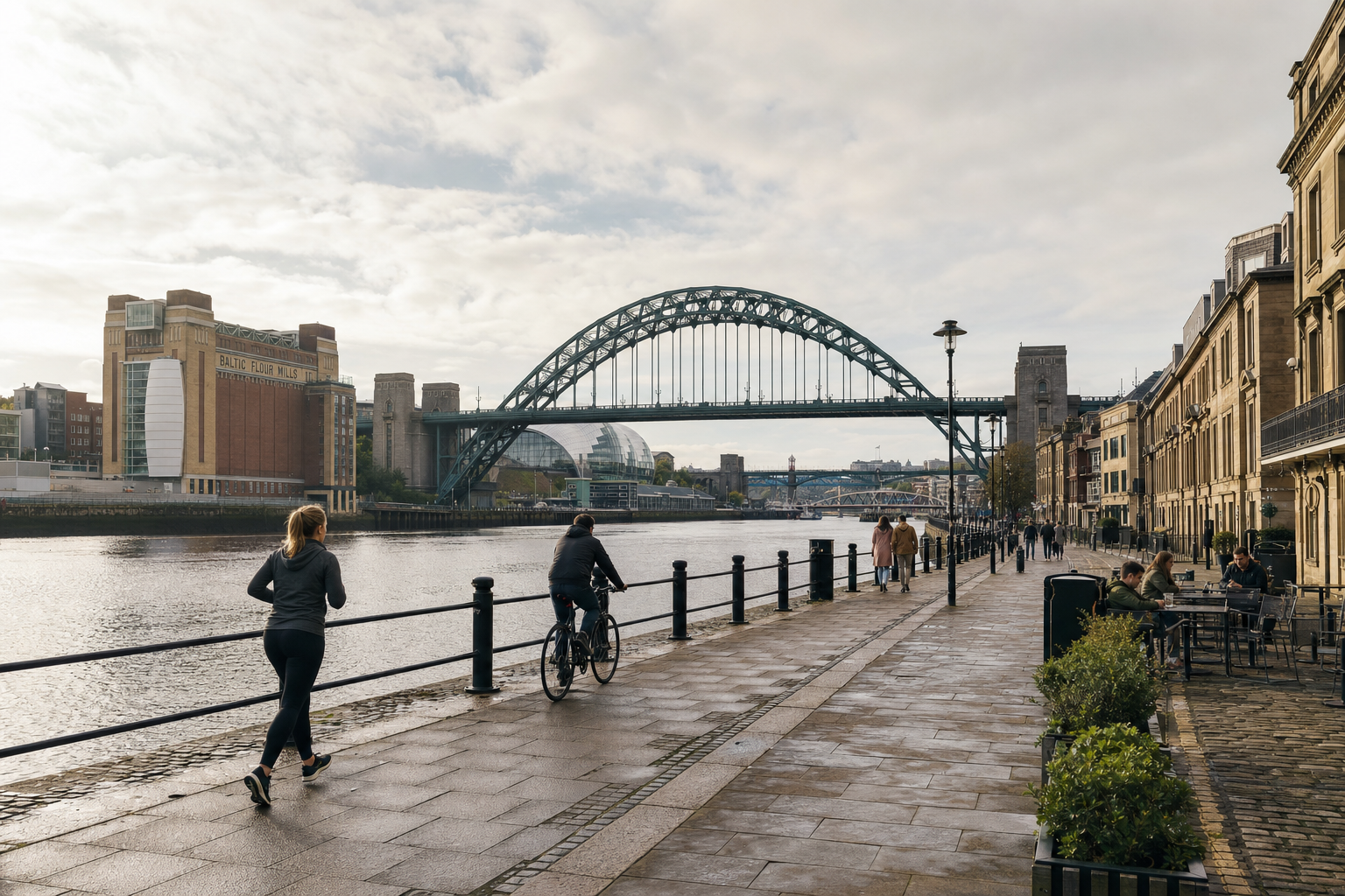 People jogging and cycling along a riverside path with a large arched bridge in the background.