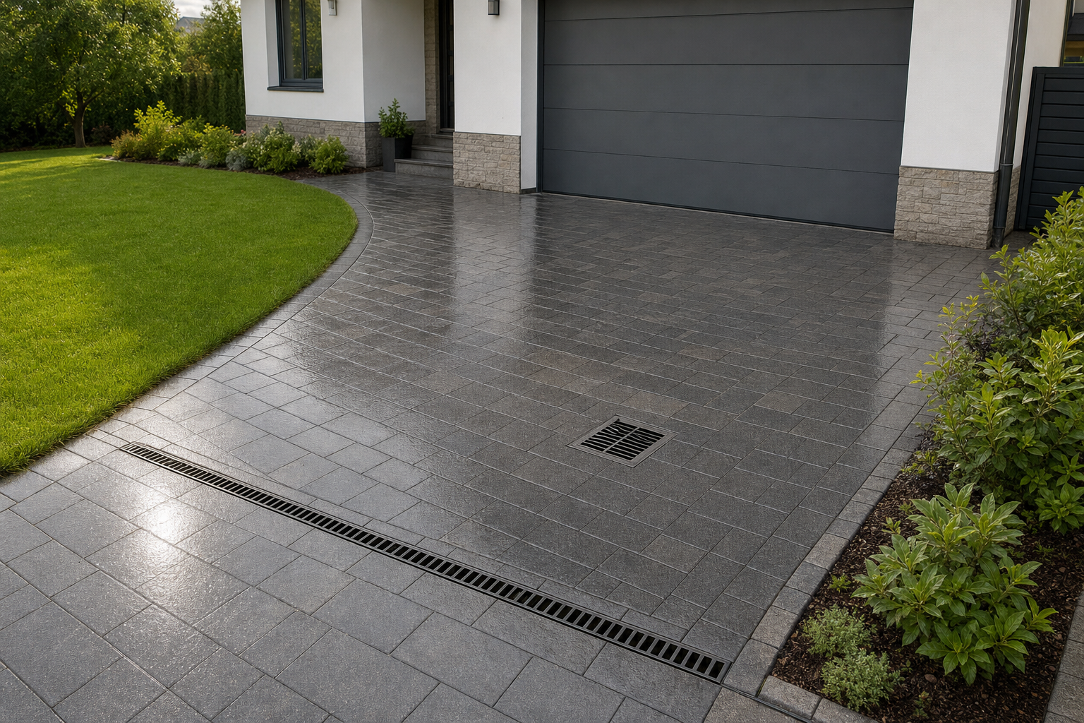 Wet grey paved driveway with drainage, bordered by green grass and shrubs, leading to a garage.