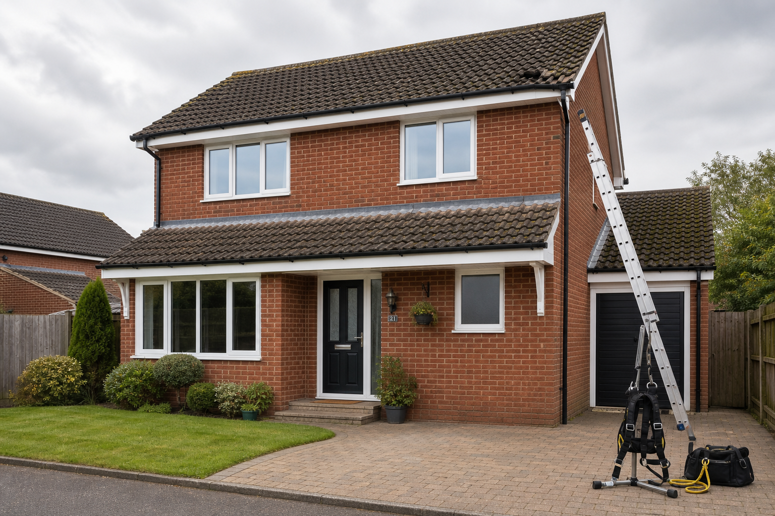 Two-storey red brick house with a ladder leaning against the garage and a well-kept front garden.