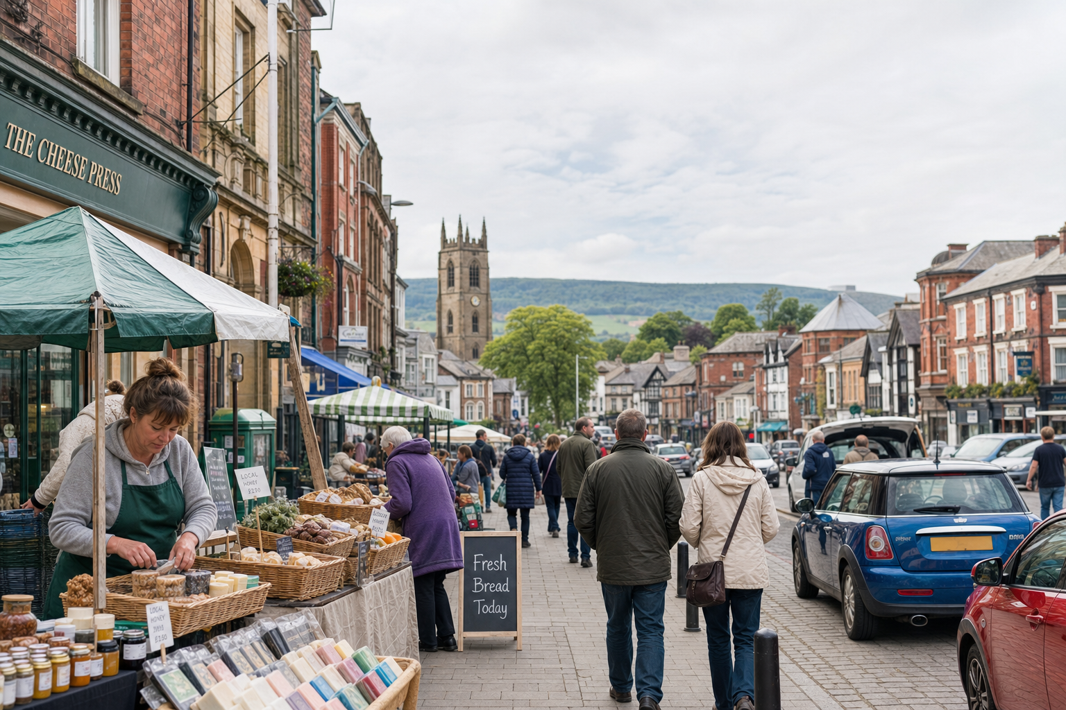 A bustling market street with stalls selling goods and a church tower in the background.