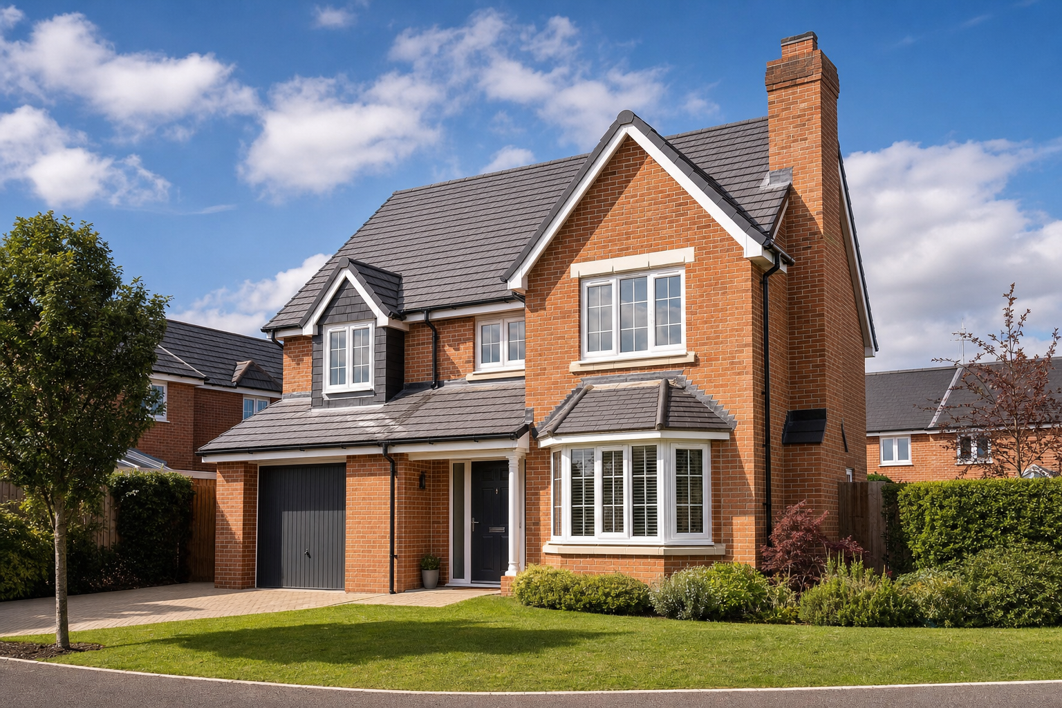 Modern two-storey red brick house with a garage, gable roof, and landscaped front garden under a partly cloudy sky.