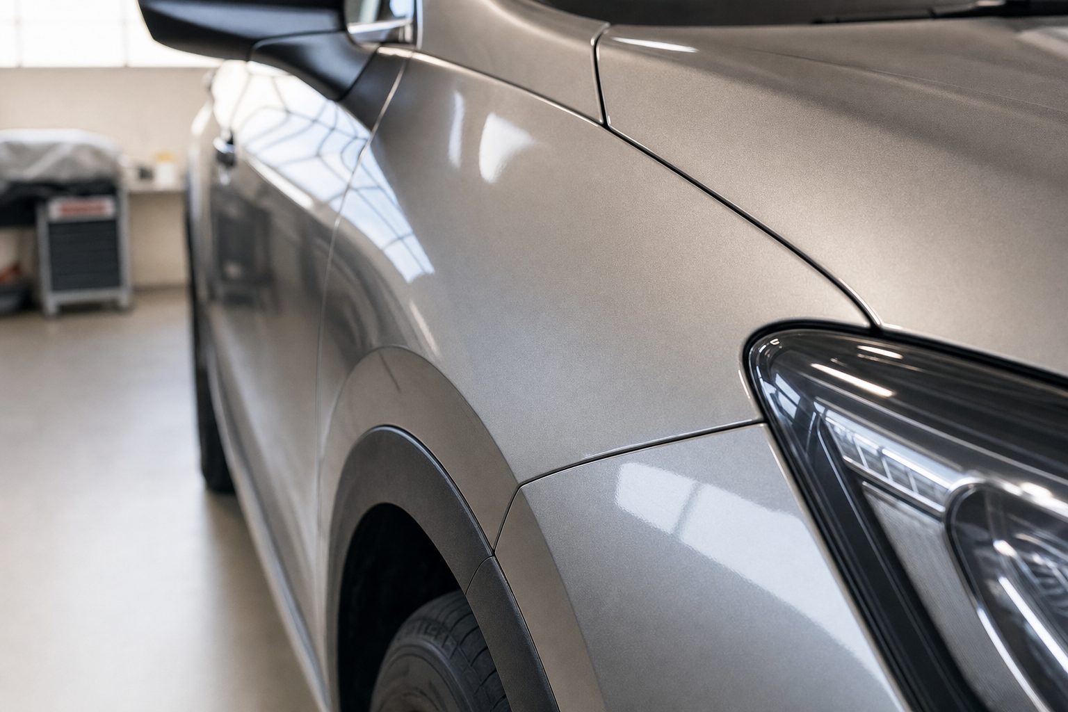 Close-up of a silver car's front left wheel arch and headlight inside a garage.