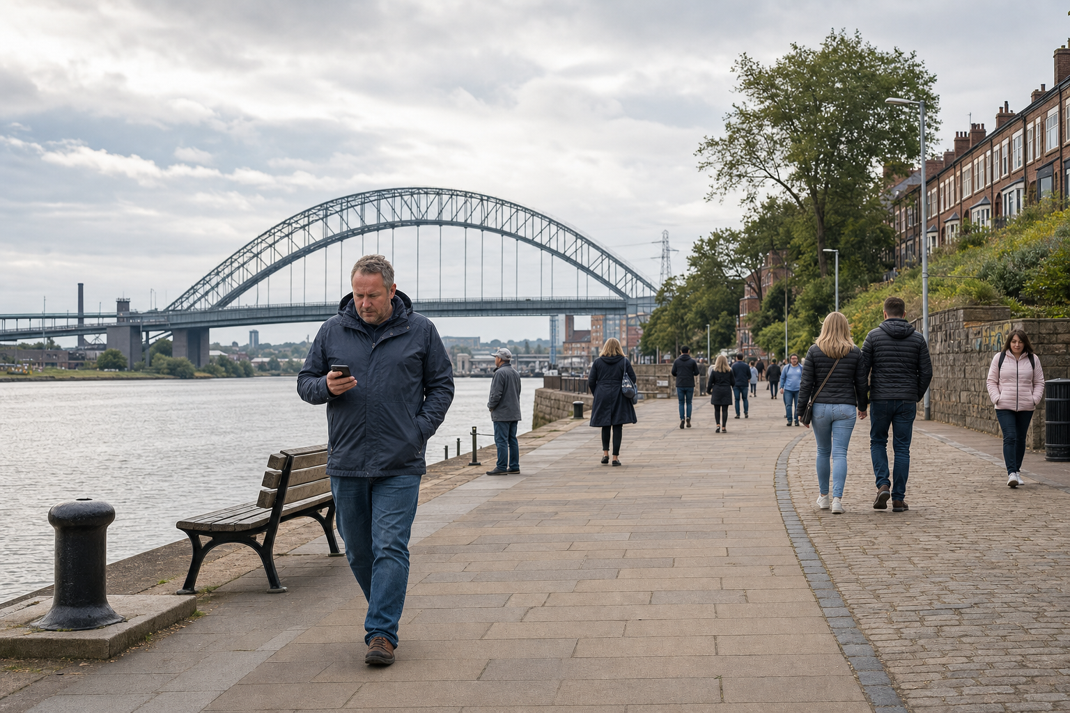 A man walks along a riverside path while looking at his phone, with a large bridge and other pedestrians in the background.