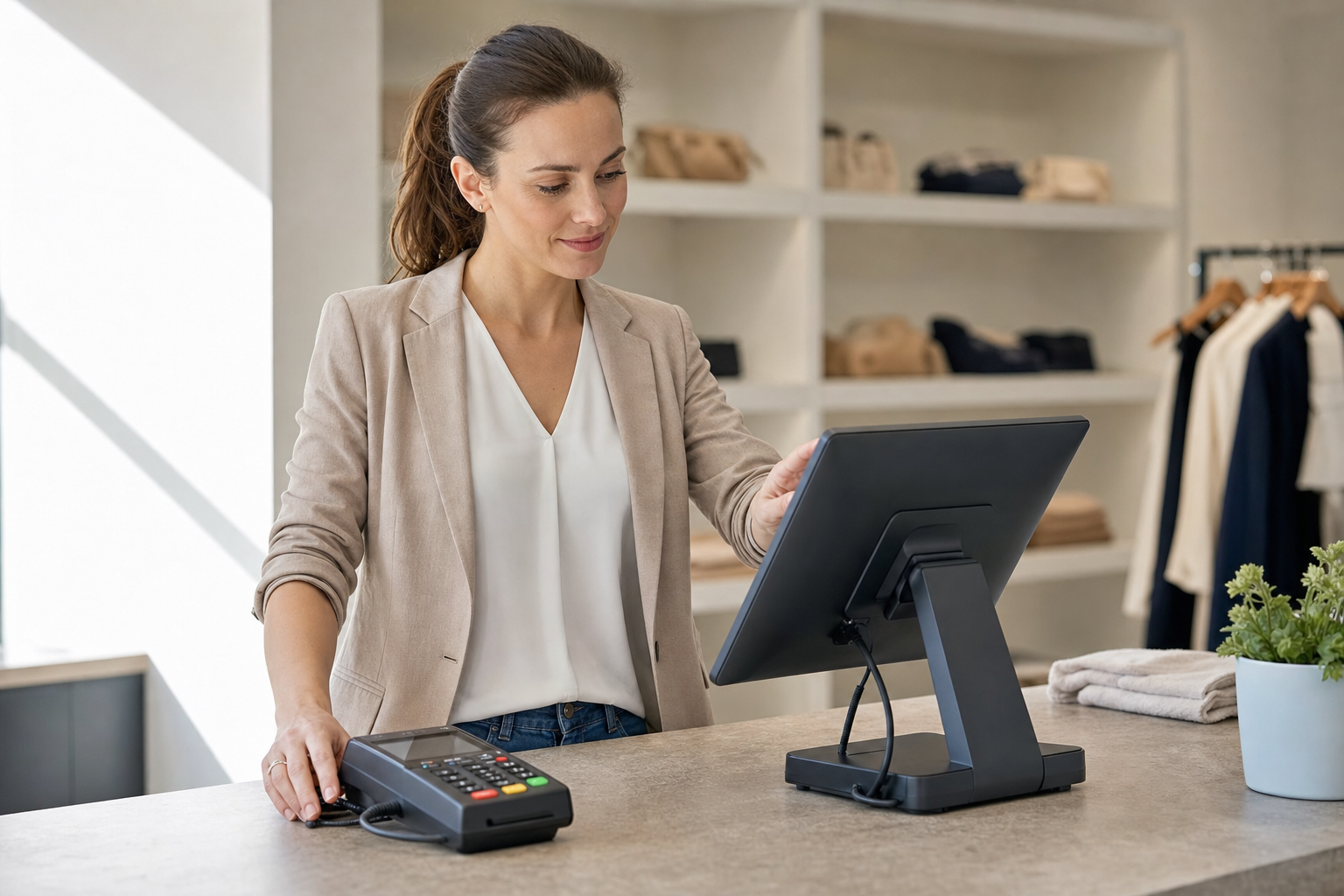 Shop assistant using a touch screen at a checkout counter in a clothing store.