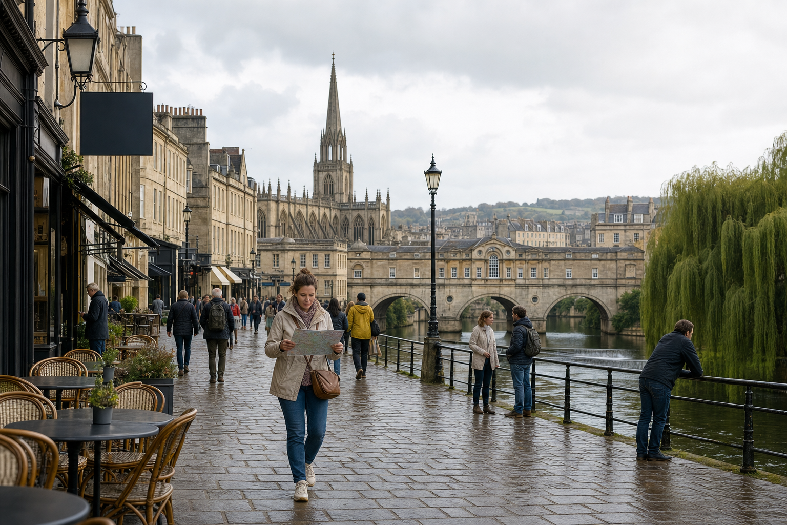A woman studies a map as she walks along a cobbled street near a river, with historic architecture and a cathedral in the background.