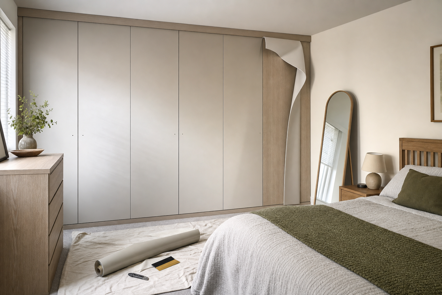 Modern bedroom with a beige wardrobe, dresser, oval mirror, and bed with green accents on a white blanket.