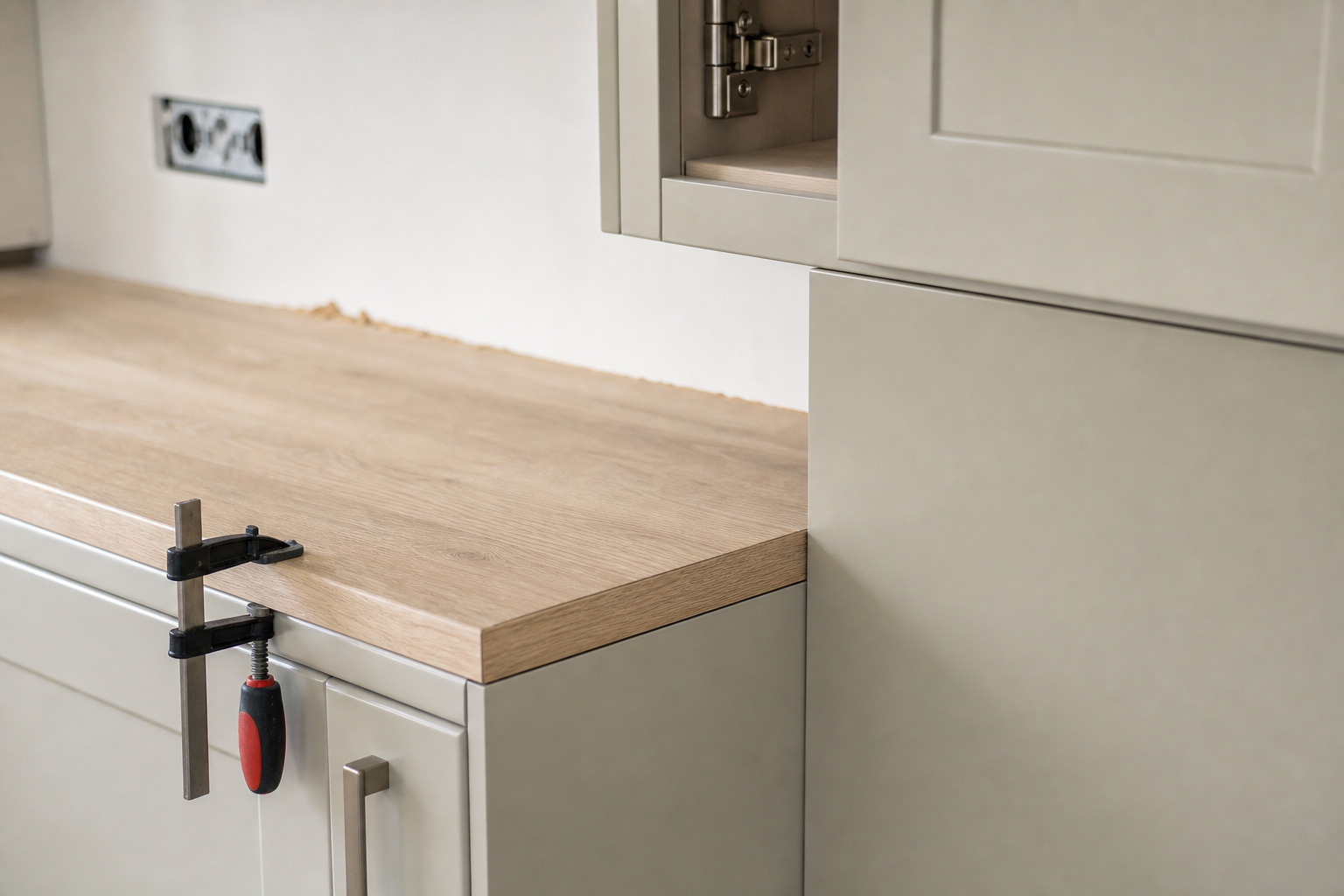 Wooden kitchen countertop installation with a clamp securing it to a cream cabinet.