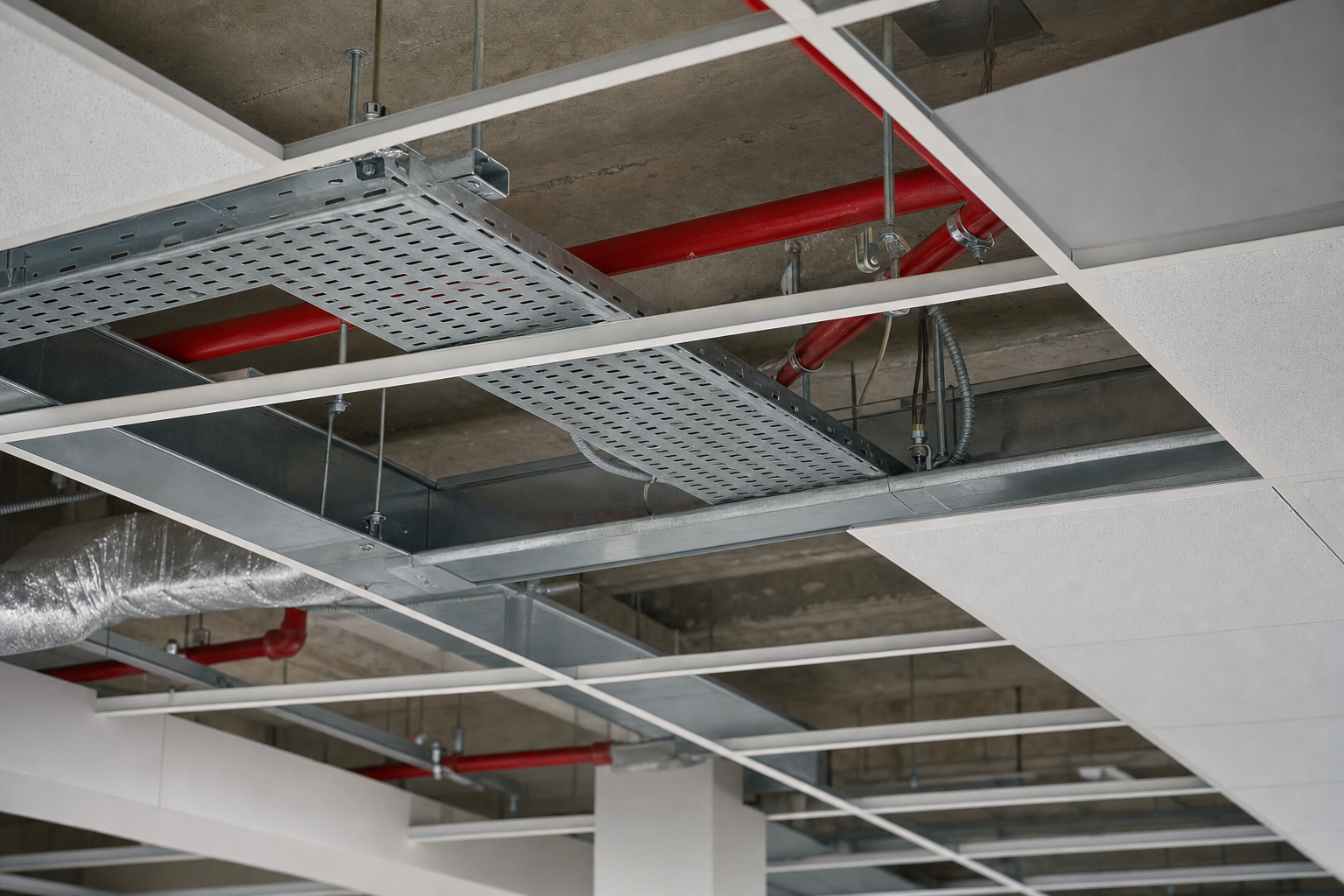 Suspended ceiling grid with exposed red pipes and metal cable trays.