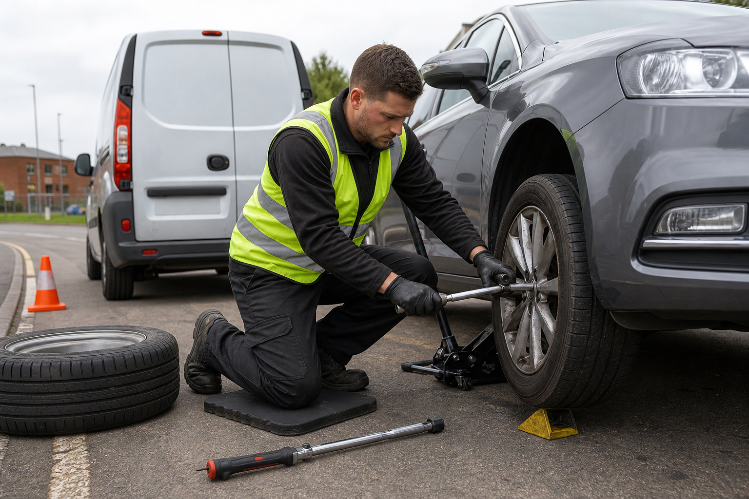 Man in high-visibility vest changing a car tyre by a roadside.