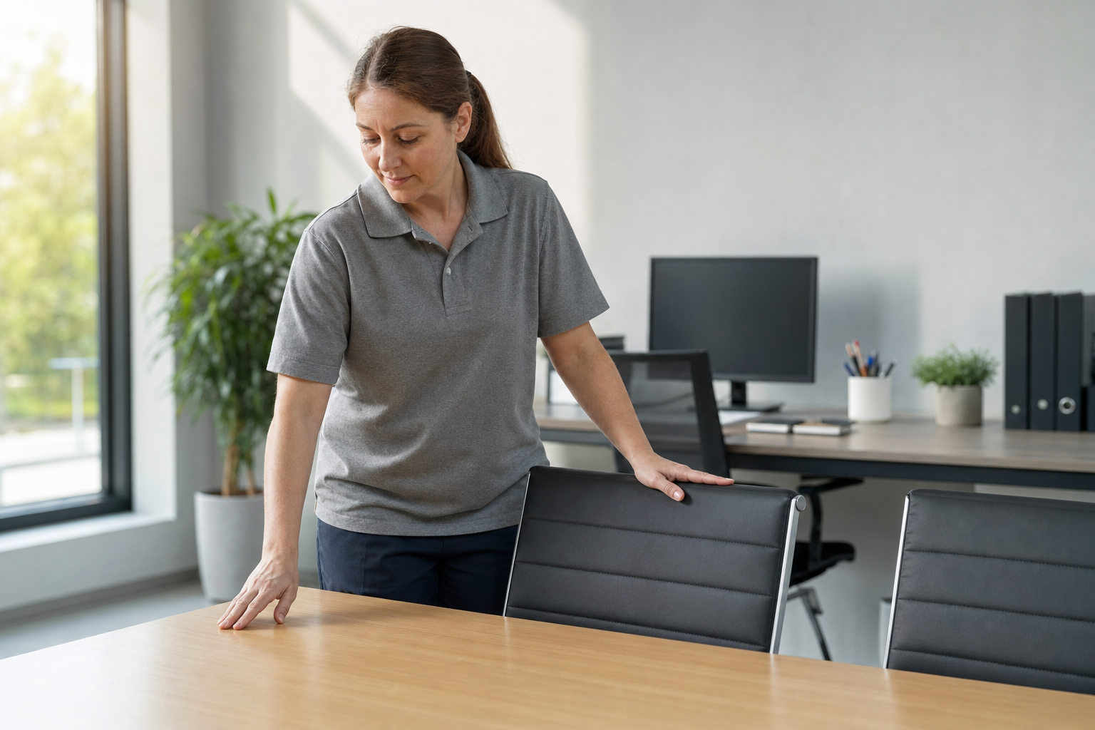 A woman cleans a conference table in a modern office setting with computers and plants.