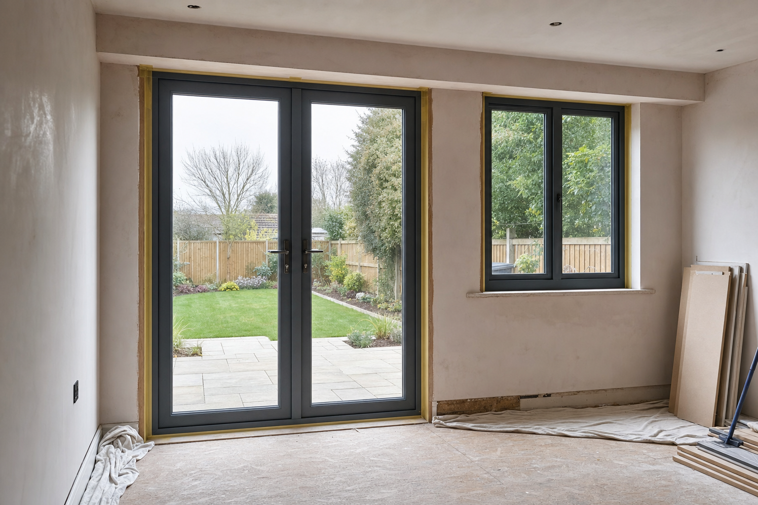 Newly installed patio doors and windows in an unfinished room overlooking a landscaped garden.