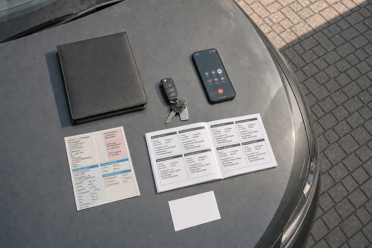 Car documents, keys, a smartphone, and a folder are neatly arranged on a car's bonnet.