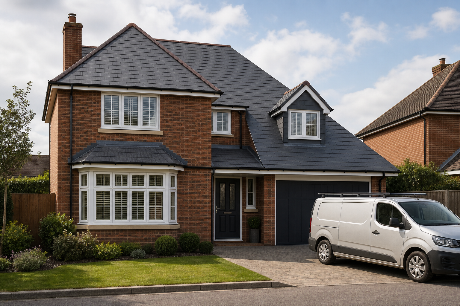 Modern brick house with a grey roof, white window frames, and a silver van parked on the driveway.